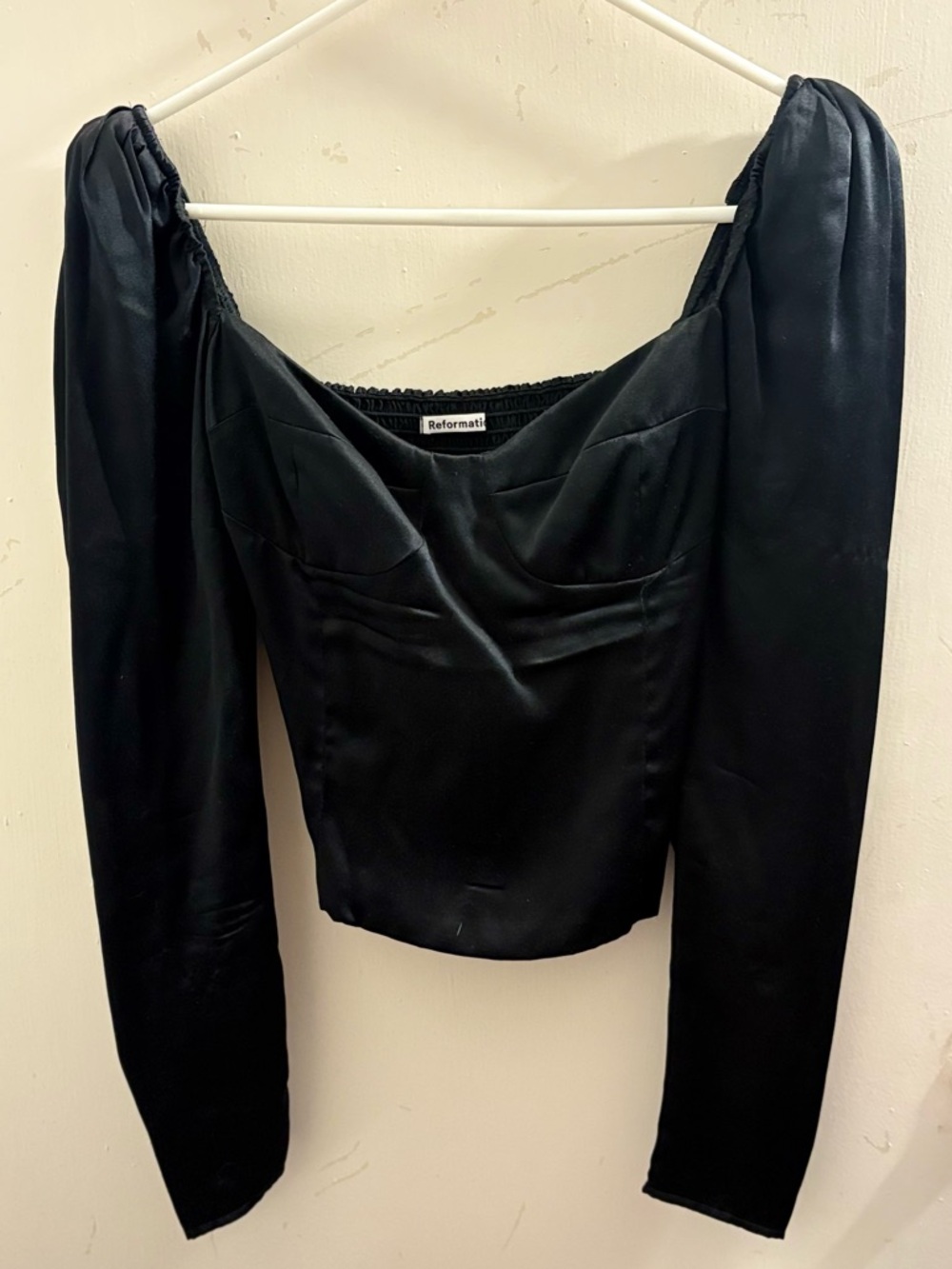 Reformation Black Satin Bardot Long Sleeve Top
